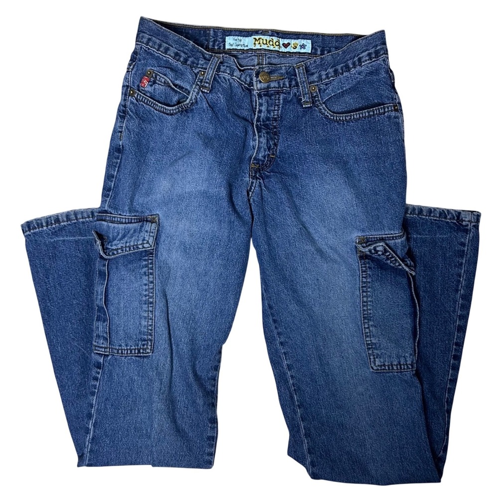 Vintage y2k Mudd Cargo Flare Jeans Blue Medium Wash Utility Bell Bottoms‎